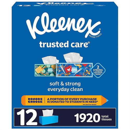 Blue Kleenex Trusted Care package front with tissue boxes graphic and quantity callouts