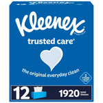 Blue Kleenex Trusted Care retail pack front with heart logo and '1920 total tissues' callout