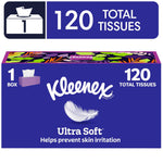 Purple Kleenex Ultra Soft flat tissue box showing feather logo and '120 total tissues' callout
