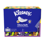 Kleenex Ultra Soft retail pack showing brand logo, feather graphic and product callouts for 3-ply tissues and two flat boxes.