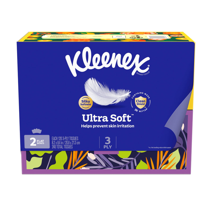 Kleenex Ultra Soft retail pack showing brand logo, feather graphic and product callouts for 3-ply tissues and two flat boxes.