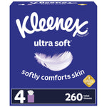 Front-facing Kleenex Ultra Soft multi-cube pack image showing brand name, feather graphic and '260 total tissues' callout