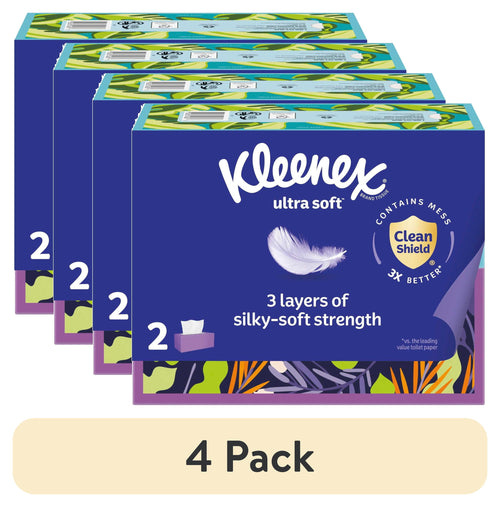 Four Kleenex Ultra Soft decorative flat boxes arranged in a staggered pack with a 4 Pack label.