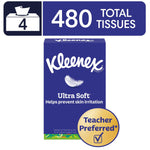 Single Kleenex Ultra Soft blue tissue box with a '480 total tissues' banner and 'Teacher Preferred' badge