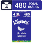 Front-facing Kleenex Ultra Soft purple packaging showing a feather graphic and '480 total tissues' callout.