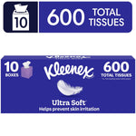 Blue Kleenex Ultra Soft pack graphic showing 10 boxes and '600 total tissues' text with feather logo