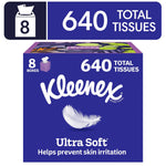 Kleenex Ultra Soft purple cube pack graphic showing 640 total tissues and feather logo