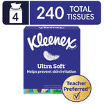 Blue Kleenex Ultra Soft cube box with feather logo and teacher-preferred badge, 240 total tissues callout