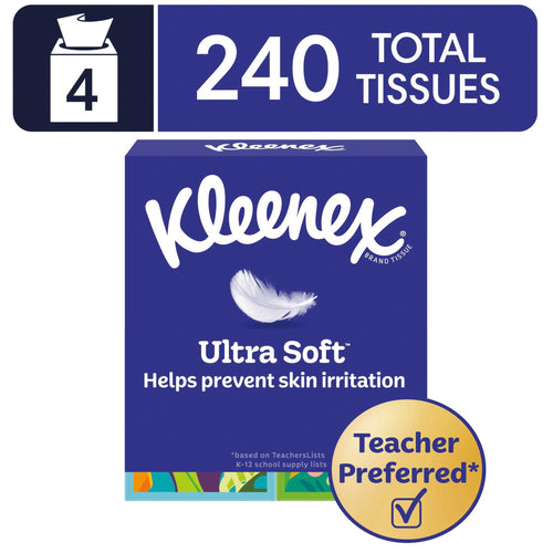 Blue Kleenex Ultra Soft cube box with feather logo and teacher-preferred badge, 240 total tissues callout