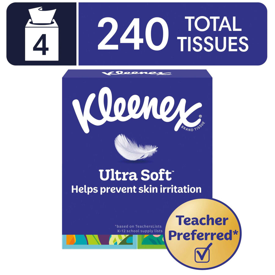 Blue Kleenex Ultra Soft cube box with feather logo and teacher-preferred badge, 240 total tissues callout