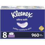 Front-facing Kleenex Ultra Soft multipack artwork in blue showing a feather graphic, '8' pack icon and '960 total tissues' text.