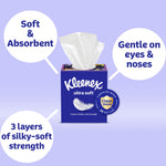 Single Kleenex Ultra Soft cube box with tissues protruding and callouts for soft, absorbent and 3 layers of silky-soft strength