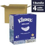 Rendered product scene showing an open cardboard box with a Kleenex Ultra Soft 4-cube pack and '1 Bundle 4 cube boxes' badge