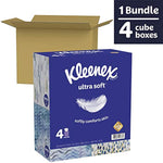 Pack shot of a Kleenex Ultra Soft multi-pack cube box standing beside an open cardboard shipping box with a '1 Bundle 4 cube boxes' callout.