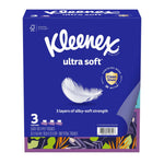 Front-facing Kleenex Ultra Soft purple carton showing feather logo, Clean Shield seal and 3-pack/carton labeling