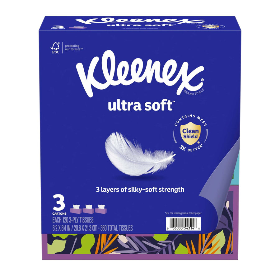 Front-facing Kleenex Ultra Soft purple carton showing feather logo, Clean Shield seal and 3-pack/carton labeling