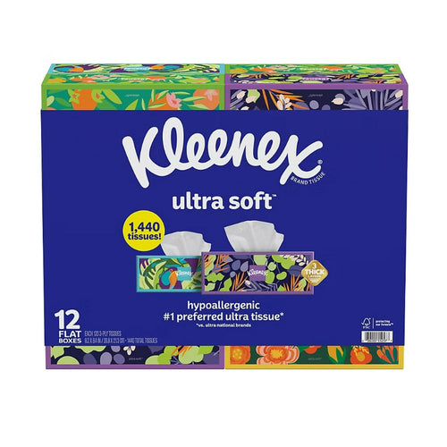 Purple Kleenex Ultra Soft multi-pack box with floral accent panels and a tissues callout on front