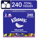 Purple Kleenex Ultra Soft box front with feather graphic and 240 total tissues callout
