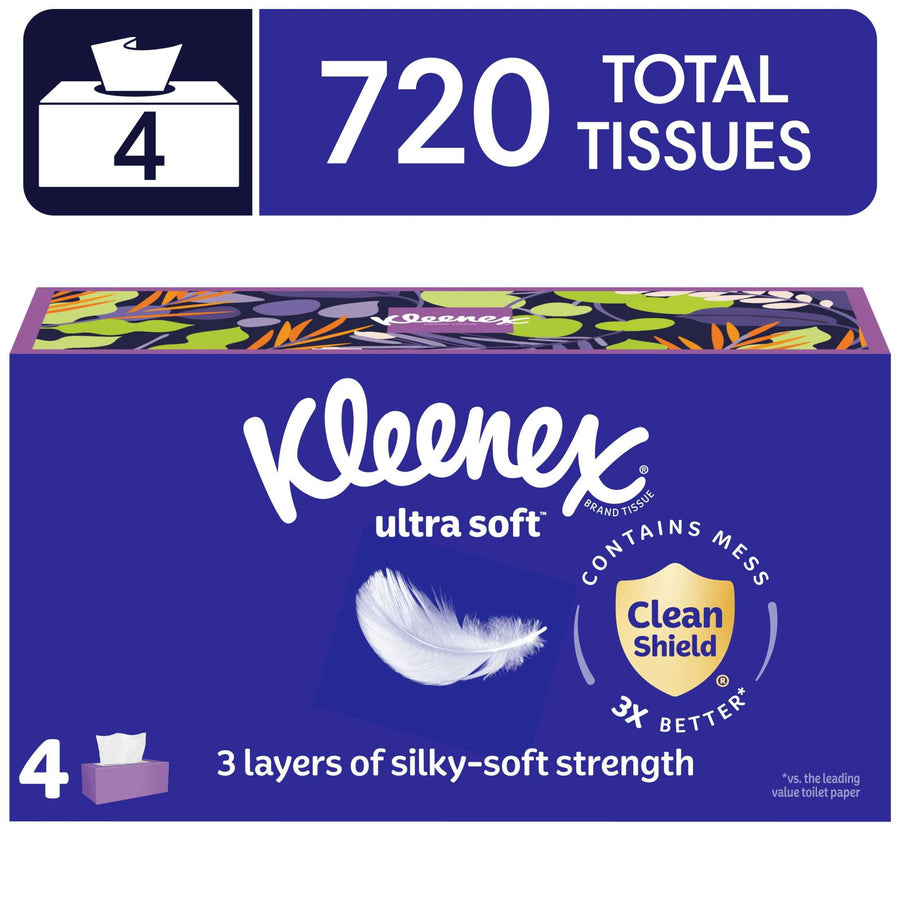 Kleenex Ultra Soft purple decorative rectangular tissue box showing feather graphic and 'Clean Shield' badge