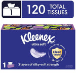 Front-facing Kleenex Ultra Soft purple tissue box with feather graphic and 120 total tissues banner