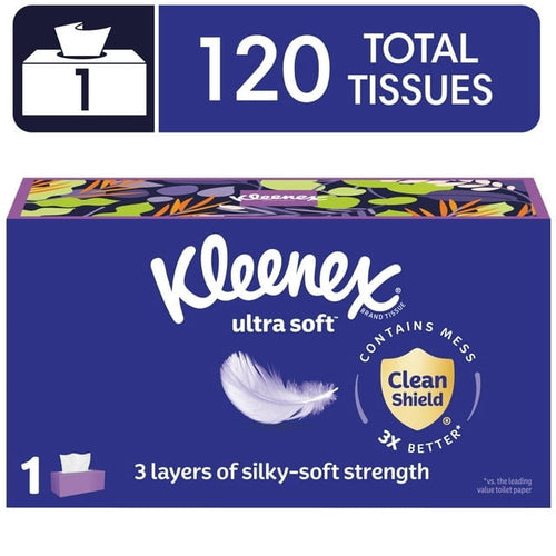 Front-facing Kleenex Ultra Soft purple tissue box with feather graphic and 120 total tissues banner