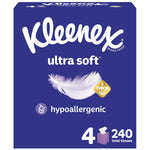 Front-facing Kleenex Ultra Soft purple cube box showing feather graphic, hypoallergenic badge and 4/240 tissue callouts.