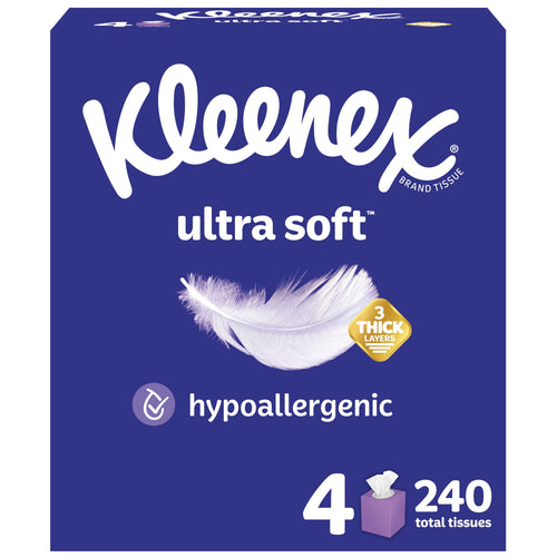 Front-facing Kleenex Ultra Soft purple cube box showing feather graphic, hypoallergenic badge and 4/240 tissue callouts.