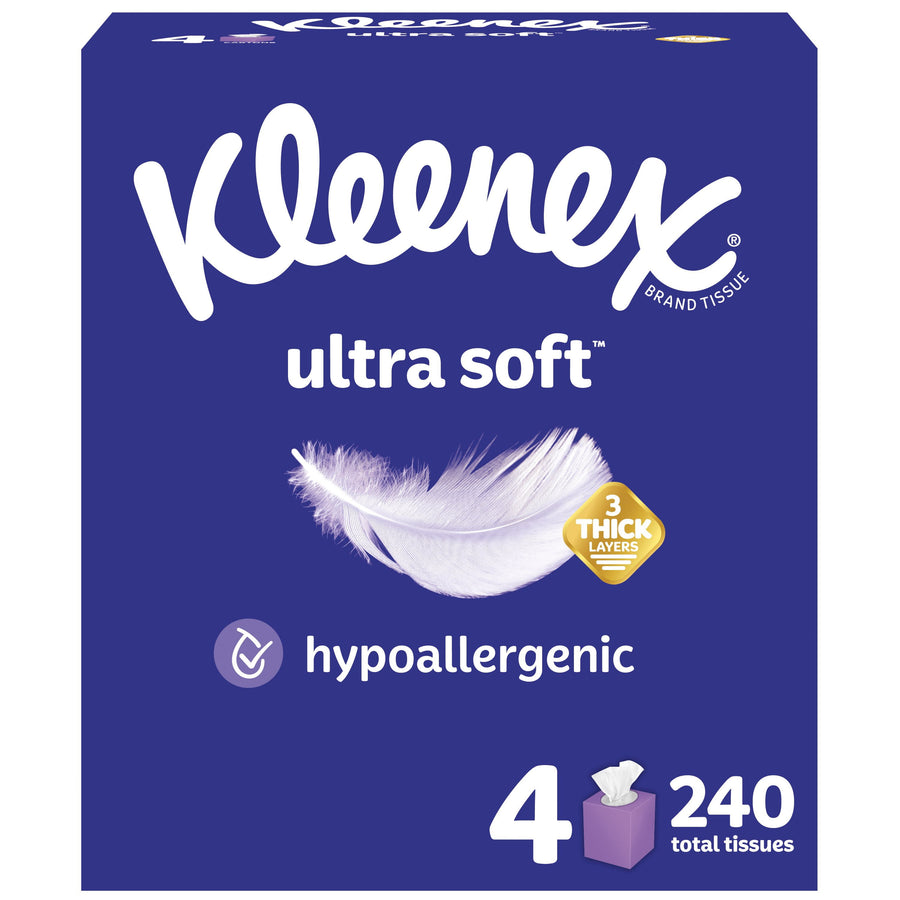 Front-facing Kleenex Ultra Soft purple cube box showing feather graphic, hypoallergenic badge and 4/240 tissue callouts.