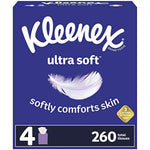 Front-facing Kleenex Ultra Soft cube box in deep purple with a white feather graphic and 'softly comforts skin' text, showing '4' and '260' labels.