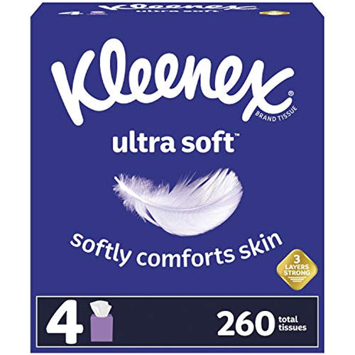 Front-facing Kleenex Ultra Soft cube box in deep purple with a white feather graphic and 'softly comforts skin' text, showing '4' and '260' labels.