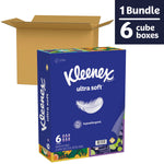 Packaged bundle showing a Kleenex Ultra Soft 6-cube box with an open shipping carton and bundle label