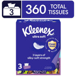 Purple Kleenex Ultra Soft three-pack box graphic with feather and Clean Shield badge, 360 total tissues callout