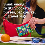 Outdoor lifestyle image of hand holding a Kleenex slim wallet tissue pack beside a red purse with text about portability