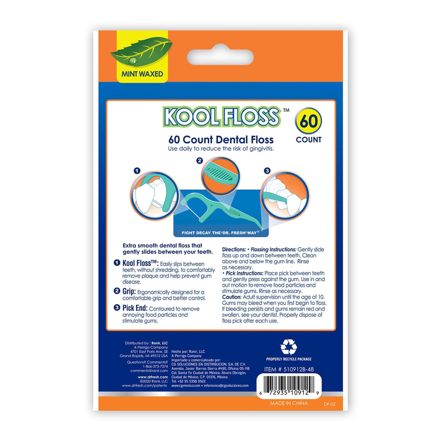 Back of Kool Floss retail package showing brand name, product illustrations, instructions and a '60 COUNT' badge