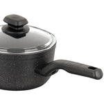 Close-up of a speckled saucepan showing glass lid knob and ergonomic black handle against white background.