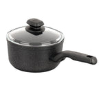 Black speckled nonstick saucepan with glass lid and long black handle on a white background.