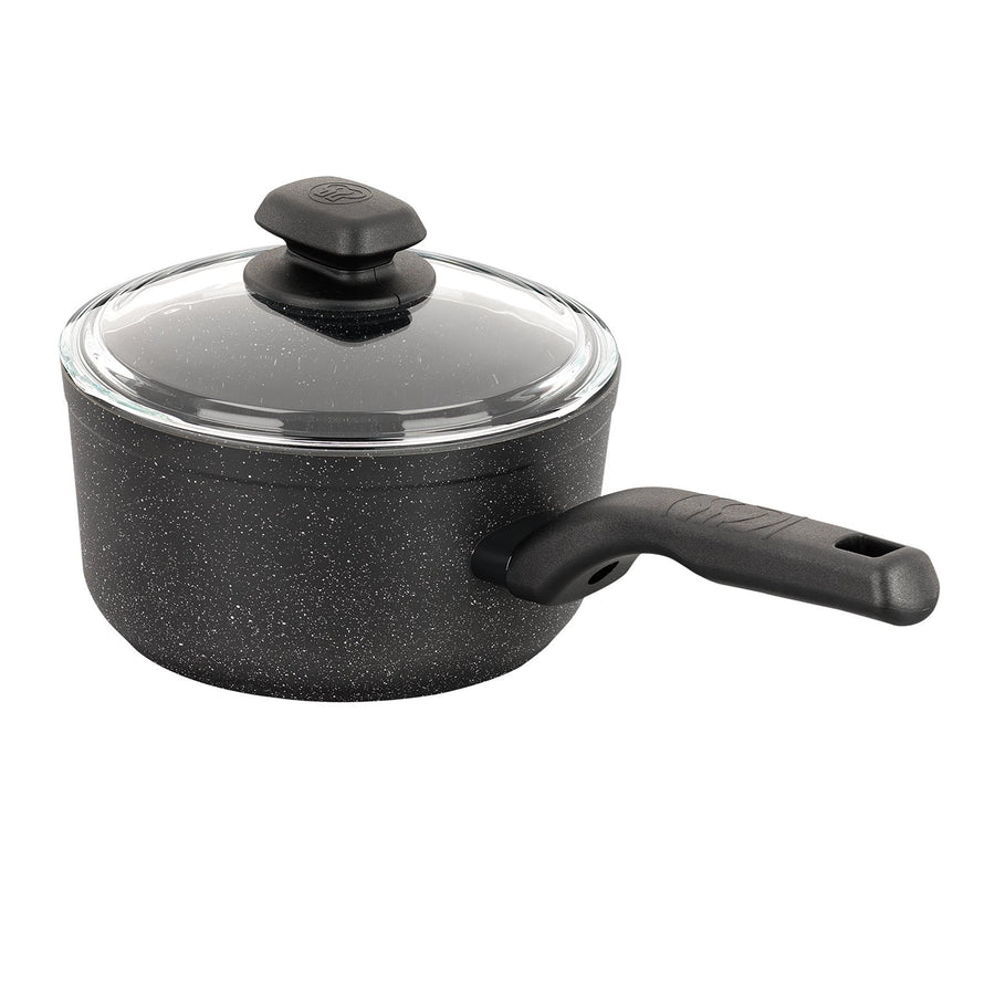 Black speckled nonstick saucepan with glass lid and long black handle on a white background.