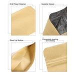 Four close-up panels showing kraft paper material, interior sealable lining, stand-up bottom and resealable opening details