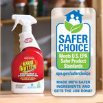 Krud Kutter spray bottle on a kitchen counter beside a large EPA Safer Choice endorsement graphic panel.