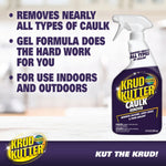 Promotional image with Krud Kutter Caulk Remover bottle and text highlighting gel formula and indoor/outdoor use.