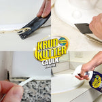 Collage of four images showing caulk removal tools and someone applying Krud Kutter Caulk Remover with brand logo.