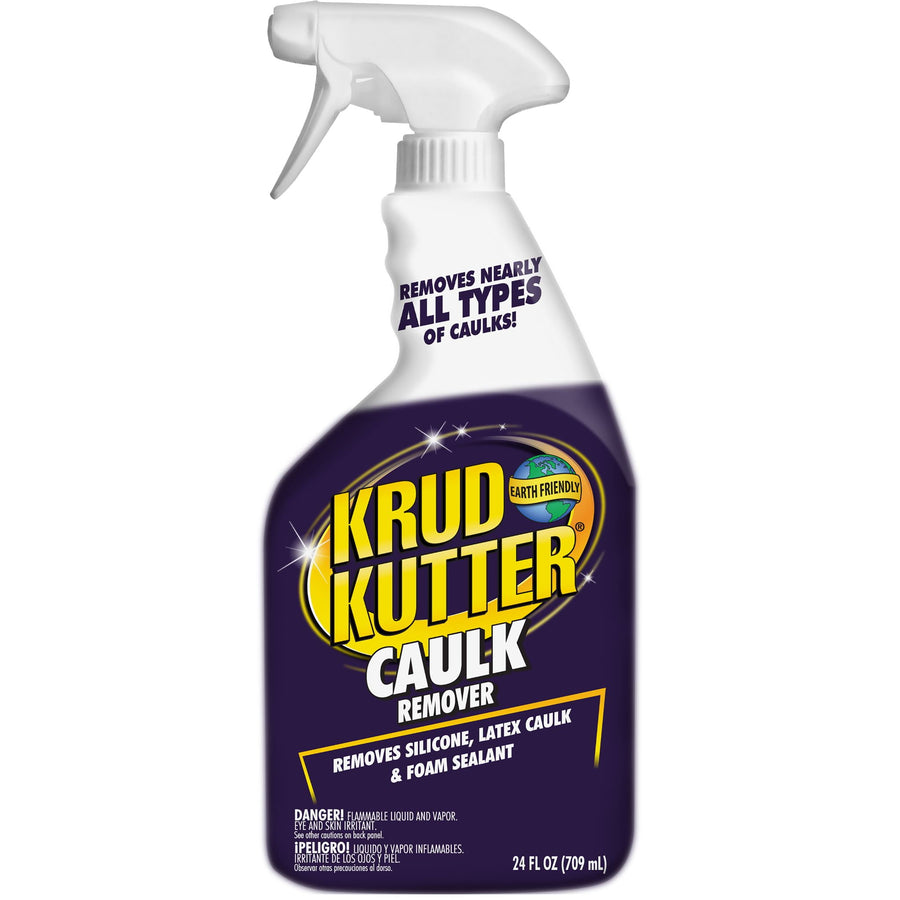 Front-facing spray bottle of Krud Kutter Caulk Remover with purple label and trigger sprayer on white background.