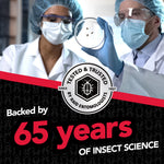 Two lab technicians in masks and gloves examining insects in a petri dish with a seal reading tested & trusted by Raid entomologists
