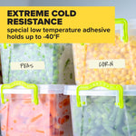 Stacked clear food containers with handwritten labels 'Peas' and 'Corn' and a banner stating extreme cold resistance to -40°F.