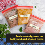 Three resealable plastic bags with labeled marinades 'Pesto', 'Buffalo', and 'Garlic' and text about sealing bulky items.