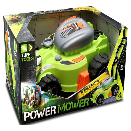 Green and grey Lanard Tuff Tools Power Mower toy in branded retail box with window display and printed graphics