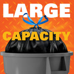 Graphic showing a black trash bag with blue drawstring tucked into a gray bin with 'LARGE CAPACITY' text above
