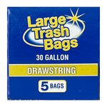 Blue packaging face with 'Large Trash Bags' logo, 30 gallon text, 'DRAWSTRING' band and '5 bags' icon