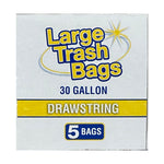 Close-up square of packaging showing 'Large Trash Bags' logo, 30 gallon and 'DRAWSTRING' label with 5 bags badge
