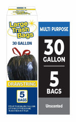 Packaging panel with 'Large Trash Bags' logo, 30 gallon label, drawstring image and '5 bags' callout